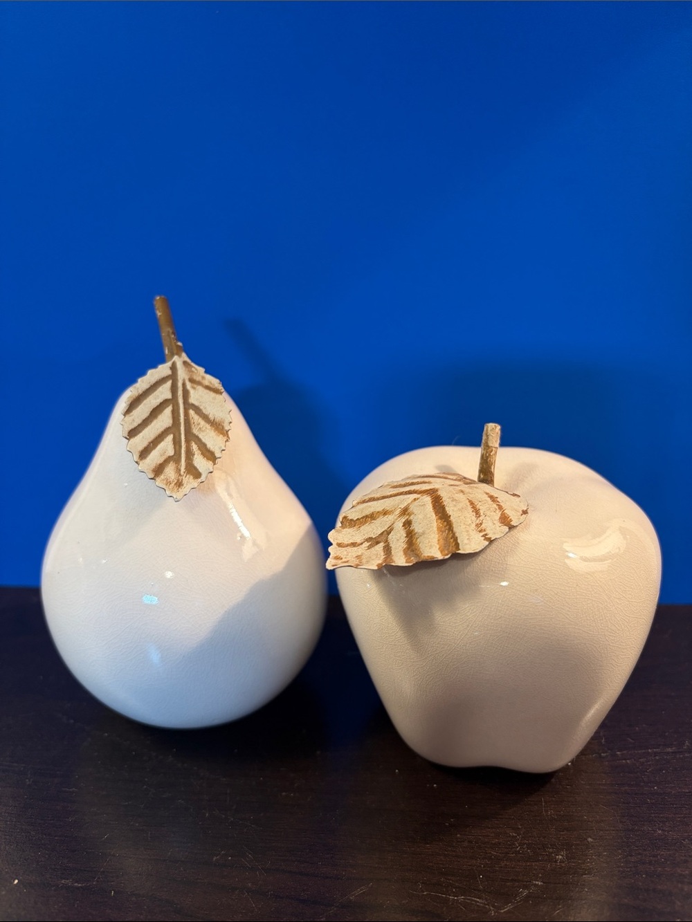 Ceramic Decorative Pear and Apple Set in Cream with Gold Leaves